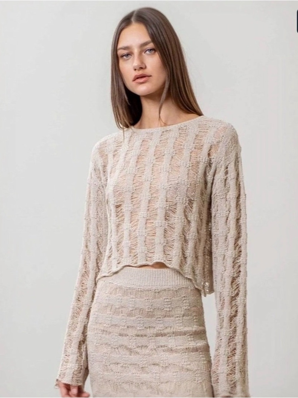 Moon River Beige Open-Weave Knit Crop Top & Skirt Set
